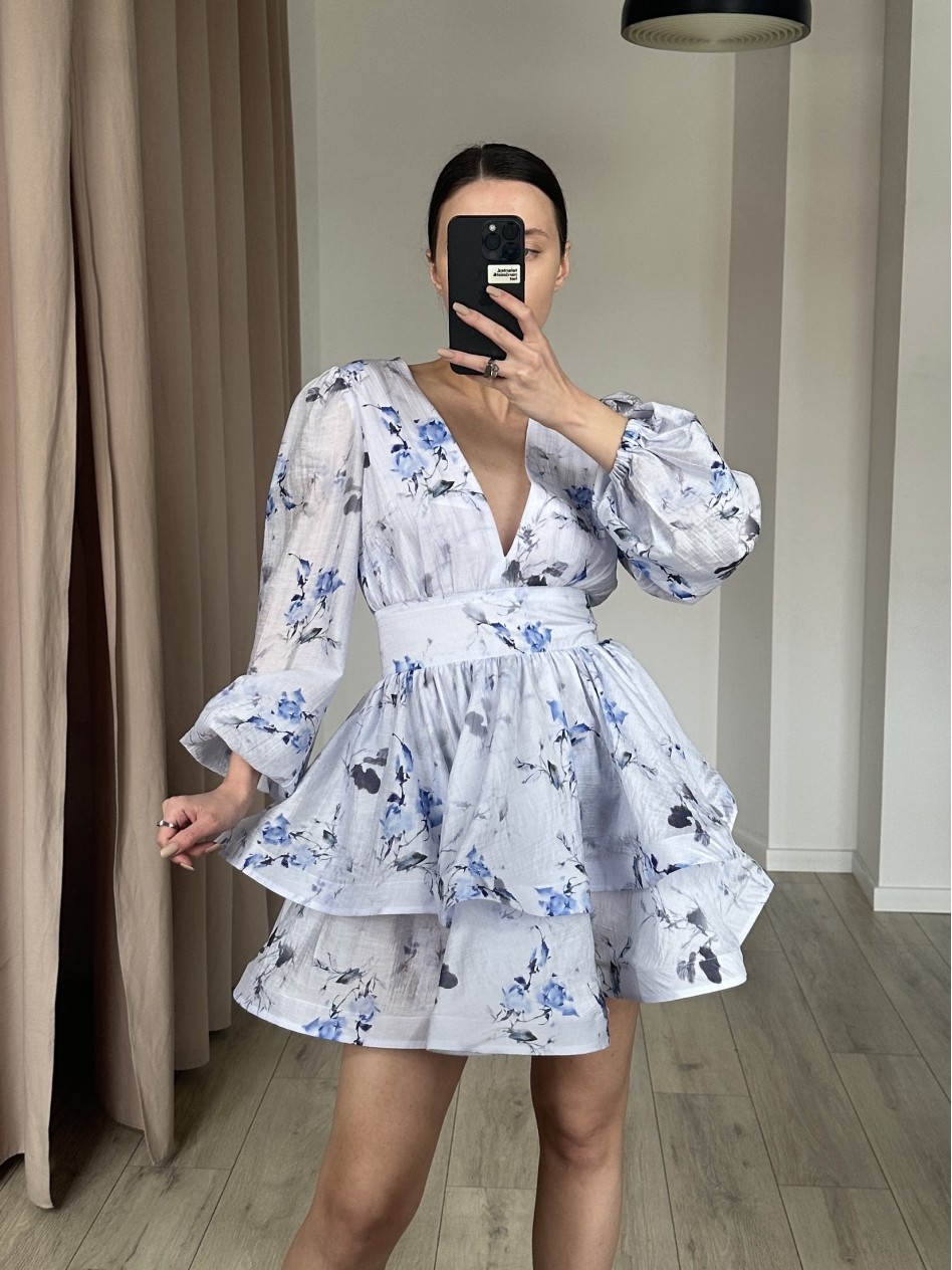 Платье DIAMOND  LIGHT (голубые цветы на молочном)